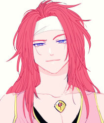 1boy bare_shoulders black_shirt blue_eyes chest_jewel closed_mouth collarbone commentary_request emushino gem headband light_smile long_hair looking_at_viewer male_focus pink_shirt portrait raised_eyebrow red_gemstone red_hair shirt simple_background sleeveless solo tales_of_(series) tales_of_symphonia upper_body white_background white_headband zelos_wilder