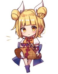 Rule 34 | 1girl, arm ribbon, back bow, blonde hair, blouse, blush, boots, bow, breasts, brown dress, chibi, closed mouth, commentary request, double bun, dress, dress bow, full body, gradient clothes, gradient dress, hair bun, hair ribbon, hand up, haniwa (statue), joutouguu mayumi, looking to the side, medium breasts, moshihimechan, orange dress, plaid, plaid dress, polearm, puffy short sleeves, puffy sleeves, purple footwear, red ribbon, ribbon, shirt, short hair, short sleeves, shorts, simple background, solo, spear, standing, touhou, v-shaped eyebrows, weapon, white background, white ribbon, white shirt, white shorts, yellow eyes