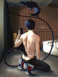 Rule 34 | 1boy, absurdres, ao no exorcist, back, black pants, blue hair, dark blue hair, dated, full body, highres, indoors, kneeling, male focus, okumura rin, pants, pointy ears, selfie, shoes, short hair, sinnermode, solo, tail, topless male, wooden wall
