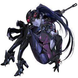 Rule 34 | 1girl, armored boots, ass, back cutout, black footwear, black gloves, black hair, boots, breasts, clothing cutout, colored skin, elbow gloves, full body, gloves, gun, high heels, holding, holding gun, holding weapon, kayanogura, knee boots, leotard, long hair, medium breasts, overwatch, overwatch 2, parted lips, ponytail, purple leotard, purple skin, simple background, solo, very long hair, weapon, white background, widowmaker (overwatch)