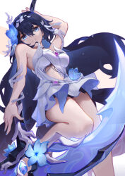 Rule 34 | 1girl, asc11, bare shoulders, black hair, blue eyes, blue flower, blue hair, blue nails, breasts, chinese commentary, closed mouth, dress, flower, hair between eyes, hair flower, hair ornament, highres, holding, holding scythe, holding weapon, honkai (series), honkai impact 3rd, long hair, looking at viewer, medium breasts, scythe, seele vollerei, seele vollerei (herrscher of rebirth), simple background, sleeveless, sleeveless dress, smile, solo, thighs, underboob, very long hair, weapon, white background, white dress