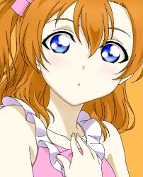Rule 34 | 1girl, :o, artist name, artist request, bare shoulders, blue eyes, blush, bow, breasts, collarbone, female focus, hair between eyes, hand on chest, kosaka honoka, looking at viewer, love live!, love live! school idol project, maru chibi, orange hair, parted lips, pink bow, pink shirt, shirt, side ponytail, small breasts, smile, solo