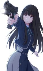 Rule 34 | 1girl, absurdres, black hair, commentary, cowboy shot, finger on trigger, gun, handgun, highres, holding, holding gun, holding magazine (weapon), holding weapon, inoue takina, long hair, long sleeves, lycoris recoil, magazine (weapon), parted lips, purple eyes, simple background, solo, topgear, two-tone dress, weapon, white background
