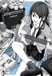 1girl album_cover amplifier bag boots cactus cd_case cellphone chair character_doll collared_shirt commentary cover cross-laced_footwear cup desk diagonal-striped_clothes diagonal-striped_necktie disposable_cup electric_guitar fender_telecaster figure_four_sitting guitar happy_birthday hatsune_miku headphones highres holding holding_guitar holding_instrument hoshino_ichika_(project_sekai) instrument jacket knee_boots leo/need_miku long_hair looking_at_viewer mechanical_pencil necktie open_clothes open_jacket open_mouth pencil phone plant pleated_skirt pocari_sweat potted_plant project_sekai school_bag school_chair school_desk shirt skirt sleeves_rolled_up smartphone solo striped_clothes vocaloid wooden_floor yakisobapan yuma727272