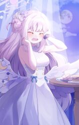 Rule 34 | 1girl, absurdres, ajeu914, bare shoulders, blue archive, blunt bangs, blush, breasts, cake, closed eyes, commentary request, crying, dress, flower, food, hair bun, halo, hands up, highres, long hair, medium breasts, mika (blue archive), moon, open mouth, pink hair, pink halo, scrunchie, sidelocks, single hair bun, sleeveless, sleeveless dress, solo, standing, table, very long hair, white dress, wing ornament, wrist scrunchie