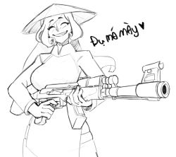 Rule 34 | 1girl, ^ ^, ak-47, assault rifle, breasts, closed eyes, commentary, cosmikaizer, fate/grand order, fate (series), greyscale, gun, holding, holding gun, holding weapon, kalashnikov rifle, large breasts, monochrome, parted lips, rifle, sketch, skindentation, smile, solo, symbol-only commentary, translation request, trung trac (fate), vietnamese dress, vietnamese text, weapon, white background