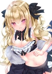 Rule 34 | 1girl, bare arms, bare shoulders, bikini, bikini skirt, black bikini, black bow, blonde hair, blush, bow, breasts, cleavage, commentary request, fang, hair between eyes, hair bow, hair intakes, highres, long hair, looking at viewer, medium breasts, nanase nao, navel, open mouth, original, pink eyes, simple background, solo, swimsuit, very long hair, white background