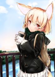 Rule 34 | 10s, 1girl, alternate costume, animal ears, backpack, bag, blonde hair, blue sky, blush, bridge, brown eyes, cloud, coat, commentary request, day, fennec (kemono friends), fox ears, fox tail, gloves, highres, holding, kemono friends, kinou no shika, looking at viewer, outdoors, river, scarf, skirt, sky, smile, solo, tail, tree, upper body, water, white gloves, white skirt, winter clothes, winter coat