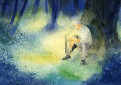 Rule 34 | 1boy, amber t, black footwear, chinese commentary, cigarette, fern, forest, full body, ginko, grass, grey pants, hair over one eye, light particles, long sleeves, looking away, male focus, mushi (mushishi), mushishi, nature, one eye covered, outdoors, painting (medium), pants, shirt, shoes, sitting, smoking, solo, spread legs, traditional media, tree, watercolor (medium), white shirt, wide shot