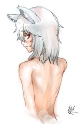 Rule 34 | 1641 (chfhrtor94), 1girl, animal ear fluff, animal ears, back, blush, inubashiri momiji, light blush, looking at viewer, looking back, no headwear, no headwear, nude, open mouth, red eyes, scar, scar on arm, scar on back, short hair, signature, simple background, solo, touhou, upper body, white background, white hair, wolf ears