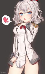 Rule 34 | 10s, 1girl, blue eyes, blush, bottomless, breasts, covered erect nipples, heart, highres, kantai collection, kashima (kancolle), long hair, looking at viewer, mono (mono mon), open mouth, silver hair, solo, standing