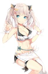 Rule 34 | 1girl, absurdres, asymmetrical legwear, bare shoulders, bikini, black bikini, blue eyes, blush, breasts, cleavage, closed mouth, collarbone, commentary request, food, groin, hair ornament, hairclip, halterneck, hands up, highres, kaguya luna, long hair, looking at viewer, medium breasts, mismatched bikini, navel, shrimp, shrimp tempura, sidelocks, silver (chenwen), silver hair, simple background, single thighhigh, sitting, skirt, smile, solo, swimsuit, tempura, the moon studio, thighhighs, twintails, uneven legwear, virtual youtuber, white background, white bikini, white skirt, white thighhighs