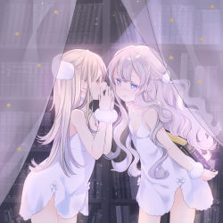Rule 34 | 2girls, bare shoulders, blush, book, bookshelf, braid, brown eyes, closed mouth, commentary request, curtains, dress, grey hair, hair between eyes, hand up, hinayuki usa, holding, holding book, leaning forward, light brown hair, long hair, multiple girls, open mouth, original, profile, purple eyes, sleeveless, sleeveless dress, smile, sparkle, standing, star (symbol), transparent, very long hair, wavy hair, white dress