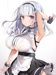 Rule 34 | 1girl, absurdres, anchor choker, apron, azur lane, bad id, bad twitter id, bare shoulders, black hairband, blush, breasts, center frills, choker, clothing cutout, dido (azur lane), frilled choker, frills, hairband, highres, large breasts, long hair, looking at viewer, parted lips, purple eyes, simple background, solo, underboob, underboob cutout, waist apron, white apron, white background, white hair, yayoichi (yoruyoru108)