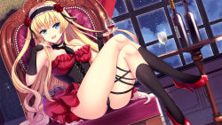 Rule 34 | 1girl, :d, agekichi (heart shape), alcohol, artwhirl mahou gakuen no otome-tachi, ass, bare legs, bare shoulders, black choker, black necktie, black panties, black ribbon, black socks, blonde hair, blue eyes, bottle, breasts, choker, cleavage, crossed legs, cup, dress, drinking glass, dutch angle, floating hair, flower, frilled hairband, frills, game cg, hair between eyes, hair flower, hair ornament, hair ribbon, hairband, hand on own face, high heels, holding, holding cup, indoors, kneehighs, large breasts, lolita hairband, long hair, looking at viewer, luna (artwhirl), necktie, open mouth, panties, pointy ears, pumps, red dress, red flower, red footwear, red rose, ribbon, rose, shiny skin, short dress, short necktie, sitting, sky, sleeveless, sleeveless dress, smile, socks, solo, sparkle, star (sky), starry sky, strapless, strapless dress, thighs, underbust, underwear, very long hair, wine, wine bottle, wine glass