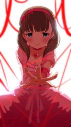Rule 34 | 1girl, blue eyes, blush, breasts, brown hair, choker, cleavage, dress, earrings, hairband, heart, idolmaster, idolmaster cinderella girls, jewelry, looking at viewer, medium breasts, medium hair, nail, nanananananasea, outstretched arms, pink dress, reaching, reaching towards viewer, ribbon, sakuma mayu, simple background, smile, solo, spread fingers, string, string of fate, stud earrings, tareme, white background, wrist ribbon
