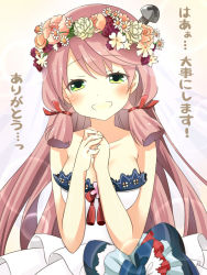 Rule 34 | 10s, 1girl, adapted costume, akashi (kancolle), bare shoulders, blush, dress, green eyes, hair ribbon, head tilt, head wreath, jewelry, kantai collection, long hair, looking at viewer, nai-bu, naiibu, own hands clasped, own hands together, pink hair, ribbon, ring, screw, sidelocks, simple background, smile, solo, strapless, strapless dress, translation request, upper body, wedding band, wedding dress, white background, white dress