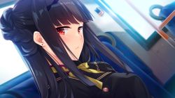 Rule 34 | 1girl, black hair, black shirt, bus interior, closed mouth, courreges ace, earrings, game cg, hajilove -making lovers-, highres, indoors, jewelry, long hair, neck ribbon, red eyes, ribbon, shirt, solo, tanabe, upper body, yellow ribbon, yofune hatsuho