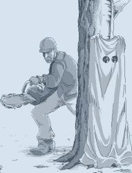 Rule 34 | 1boy, 1girl, attempted suicide, blue theme, chainsaw, cloth, facing viewer, full body, hamsterfragment, hard hat, helmet, hiding, holding cloth, long sleeves, lumberjack, monochrome, original, pants, shirt, solo, suicidal girl (hamsterfragment), suicide, tree