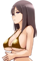 Rule 34 | bikini, blue eyes, breasts, brown hair, cleavage, collarbone, commentary request, from side, girls und panzer, gold bikini, highres, kitayama miuki, large breasts, long hair, looking at viewer, nonna (girls und panzer), open mouth, sideboob, steepled fingers, swimsuit, upper body, white background