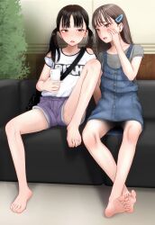 Rule 34 | 2girls, barefoot, black eyes, black hair, blush, brown eyes, brown hair, cellphone, feet, highres, long hair, multiple girls, natsui tuna, open mouth, overall skirt, panties, pantyshot, phone, short shorts, shorts, smartphone, soles, toes, twintails, underwear