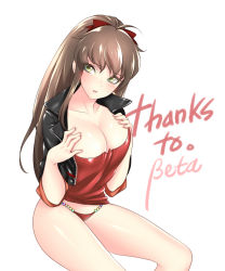 Rule 34 | 1girl, bad id, bad pixiv id, blush, breast suppress, breasts, brown hair, cleavage, cropped jacket, female focus, green eyes, jacket, large breasts, leather, leather jacket, long hair, open mouth, panties, ponytail, raind, red panties, solo, thank you, thank you, underwear