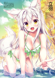 Rule 34 | 1girl, absurdres, all fours, animal ears, artist name, autumn, bare shoulders, barefoot, bikini, blush, breasts, cleavage, cloud, cloudy sky, collarbone, day, fingernails, forest, fox ears, fox tail, green bikini, hair between eyes, highres, long hair, looking at viewer, medium breasts, nature, open mouth, original, outdoors, pixiv id, scan, shallow water, shiny skin, side-tie bikini bottom, silver hair, sky, solo, swimsuit, tail, tateha (marvelous grace), thighs, toes, twitter username, v, wading, water, water drop, yellow eyes