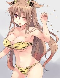 Rule 34 | 1girl, animal print, beans, bikini, blonde hair, blush, breasts, cleavage, collarbone, commentary request, grey background, hair between eyes, hair flaps, hair ribbon, highres, hirune (konekonelkk), horns, kantai collection, large breasts, long hair, looking at viewer, murasame (kancolle), one eye closed, open mouth, red eyes, ribbon, simple background, single horn, solo, strapless, strapless bikini, swimsuit, tiger print, very long hair