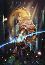 Rule 34 | 2boys, artist name, belt, blonde hair, brown belt, brown capelet, brown gloves, bush, capelet, character name, ezreal, fingerless gloves, forest, gloves, glowing, goggles, goggles on head, green pants, grey shirt, league of legends, magic, male focus, multiple boys, nature, open mouth, outdoors, pants, see you, shirt, shirt tucked in, single fingerless glove, solo focus, teemo, torn clothes, torn pants, tree, yordle