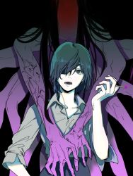 Rule 34 | 1girl, 1other, bithmath, black background, black hair, blue eyes, chainsaw man, cigarette, collared shirt, dark, dark background, extra hands, eyepatch, ghost devil (chainsaw man), grey shirt, highres, himeno (chainsaw man), holding, holding cigarette, long hair, looking at viewer, open mouth, shirt, shirt tucked in, short hair, simple background, solo, solo focus, veins, veiny arms
