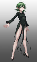 Rule 34 | 1girl, absurdres, black dress, black footwear, breasts, closed mouth, collared dress, covered erect nipples, covered navel, curly hair, dress, full body, ghode (basashi), green eyes, green hair, highres, looking at viewer, one-punch man, short hair, side slit, small breasts, solo, tatsumaki