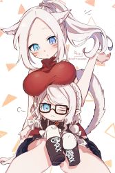 Rule 34 | 2girls, animal ear fluff, animal ears, arm support, warrior of light (ff14), bare arms, bare shoulders, black-framed eyewear, black bow, black dress, black footwear, black shorts, blue eyes, blush, boots, bow, braid, breast rest, breasts, breasts on head, cat ears, cat tail, closed mouth, commentary request, cross-laced footwear, crown braid, dress, facial mark, final fantasy, final fantasy xiv, glasses, hand up, highres, lace-up boots, lalafell, large breasts, long hair, miqo&#039;te, multiple girls, one eye closed, pantyhose, parted bangs, parted lips, pointy ears, ponytail, puffy short sleeves, puffy sleeves, red shirt, shirt, short shorts, short sleeves, shorts, signature, simple background, sitting, sitting on lap, sitting on person, sleeveless, sleeveless shirt, slit pupils, sofra, swept bangs, tail, turtleneck, twitter username, v-shaped eyebrows, whisker markings, white background, white legwear, white shirt