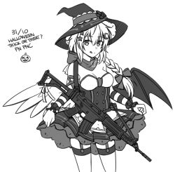 Rule 34 | 1girl, assault rifle, bare shoulders, bow, braid, breasts, character name, closed mouth, crescent, crescent hair ornament, dated, dress, feathered wings, fn fnc, fnc (candy thief) (girls&#039; frontline), fnc (girls&#039; frontline), girls&#039; frontline, greyscale, gun, hair bow, hair ornament, hat, highres, jack-o&#039;-lantern, licking lips, long hair, looking at viewer, low wings, medium breasts, monochrome, name connection, ndtwofives, object namesake, official alternate costume, pleated dress, rifle, simple background, solo, star (symbol), star hair ornament, strapless, strapless dress, tongue, tongue out, weapon, white background, wings, witch hat, wrist cuffs