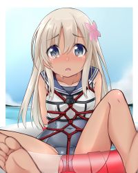 Rule 34 | 10s, 1girl, arms behind back, barefoot, bdsm, blonde hair, blue eyes, blush, bondage, bound, cacao (cacao0809), covered navel, crop top, crotch rope, crying, feet, flower, hair flower, hair ornament, highres, innertube, kantai collection, lifebuoy, long hair, looking at viewer, one-piece tan, open mouth, ro-500 (kancolle), rope, sailor collar, school swimsuit, school uniform, shibari, sitting, solo, swim ring, swimsuit, swimsuit under clothes, tan, tanline, tears, water