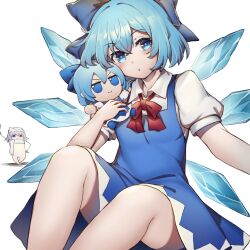 Rule 34 | 1girl, bare legs, blue bow, blue dress, blue eyes, blue hair, blush, bow, cirno, collared shirt, doll, dress, fairy, feet out of frame, fumo (doll), hair between eyes, hair bow, highres, holding, holding doll, ice, ice wings, legs, letty whiterock, parted lips, pinafore dress, puffy short sleeves, puffy sleeves, shirt, shishui guima, short hair, short sleeves, simple background, sleeveless, sleeveless dress, touhou, white background, white shirt, wings, yukkuri shiteitte ne