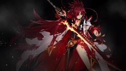 Rule 34 | 1girl, artist request, asymmetrical clothes, belt, black background, black neckwear, braid, choker, closed mouth, coat, cropped legs, elesis (elsword), elsword, flame lord (elsword), gloves, hair over one eye, highres, holding, holding sword, holding weapon, long hair, looking to the side, official art, red eyes, red hair, single pantsleg, skin tight, smile, solo, sword, tattoo, weapon, white coat