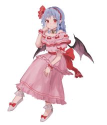 Rule 34 | 1girl, bat wings, blue hair, bow, dress, footwear bow, hair bow, hairband, highres, himuhino, jewelry, looking at viewer, necklace, pink dress, pointy ears, puffy sleeves, red bow, red hairband, remilia scarlet, sash, short sleeves, simple background, solo, touhou, wavy hair, white background, white footwear, wings, wrist cuffs