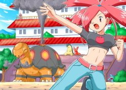 Rule 34 | 00s, 1girl, babydoll t-shirt, belt, breasts, clenched hand, creatures (company), crop top, day, fire, flannery (pokemon), game freak, gen 2 pokemon, gen 3 pokemon, gym leader, medium breasts, midriff, nintendo, open mouth, outdoors, outstretched arm, outstretched hand, pants, pink eyes, pink hair, pokemoa, pokemon, pokemon (creature), pokemon rse, pokesho, quad tails, reaching, red eyes, red hair, slugma, smoke, torkoal, typhlosion, wynaut