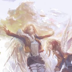 Rule 34 | 2girls, angel wings, annie leonhart, bad id, bad pixiv id, belt, blonde hair, blue eyes, krista lenz, cloud, color connection, hair color connection, jacket, long hair, looking at viewer, multiple girls, outstretched arms, shingeki no kyojin, short hair, sky, smile, stu dts, uniform, wings