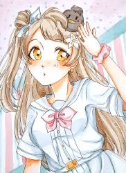 Rule 34 | 1girl, a song for you! you? you!, arm scrunchie, artist name, artist request, blush, bow, breasts, brown eyes, brown hair, collarbone, female focus, flower, grey hair, hair bow, hair flower, hair ornament, highres, light brown hair, long hair, love live!, love live! school idol festival, love live! school idol project, minami kotori, minami kotori (bird), neckerchief, nonoberry22, parted lips, pink neckerchief, pink scrunchie, ponytail, sailor collar, scrunchie, shirt, side ponytail, small breasts, smile, solo, white bow, white flower, white shirt