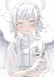 1boy angel_wings braid bubble collared_shirt commentary_request halo highres holding holding_syringe inukai_(inusuki_oc) light_blush liquid_halo long_sleeves looking_at_viewer medium_hair nurse original parted_lips see-through_clothes see-through_sleeves shirt simple_background single_braid solo syringe syringe_earrings teeth white_background white_eyes white_halo white_shirt wings