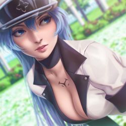Rule 34 | 1girl, akame ga kill!, black choker, blue eyes, blue hair, blurry, blurry background, breasts, choker, cleavage, colored eyelashes, day, depth of field, dutch angle, esdeath, garden, hair between eyes, hat, highres, jacket, leaning forward, lips, long hair, looking away, looking to the side, medium breasts, military jacket, miura-n315, nose, outdoors, parted lips, peaked cap, realistic, short sleeves, solo, tattoo, teeth, upper body, white hat, white jacket