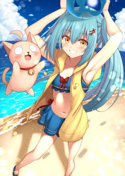 Rule 34 | 1girl, ahoge, aqua hair, armpits, arms up, ball, bare arms, bare legs, beach, beachball, bell, bikini, bikini skirt, blue bikini, blue sky, blush, bow, cat, collar, collarbone, commentary request, day, drawstring, facial scar, flip-flops, footprints, fortissimo, from above, grin, hair between eyes, hair ornament, highres, holding, holding ball, holding beachball, hood, hood down, hoodie, jingle bell, jumping, long hair, looking at viewer, mahcdai, midriff, musical note, musical note hair ornament, navel, neck bell, o o, ocean, open clothes, open hoodie, open mouth, original, outdoors, planol note, red bow, red collar, sandals, scar, scar on cheek, scar on face, see-through, shadow, side ponytail, sidelocks, sky, sleeveless, sleeveless hoodie, smile, standing, stomach, sunlight, swimsuit, yellow eyes, yellow hoodie