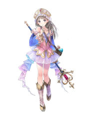 Rule 34 | 1girl, :d, atelier (series), atelier totori, bag, bare shoulders, boots, crown, detached sleeves, female focus, flat chest, frills, full body, gem, grey eyes, grey hair, kishida mel, knee boots, legs, long hair, looking at viewer, miniskirt, official art, open mouth, parted bangs, pink footwear, pleated skirt, ribbon, see-through, skirt, smile, solo, staff, standing, totooria helmold, watermark, white background, wide sleeves