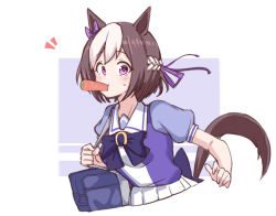 Rule 34 | 1girl, animal ears, azu ankoowl, bag, blouse, bow, bowtie, brown hair, carrot, food in mouth, hair bow, highres, horse ears, horse tail, looking at viewer, purple background, purple bow, purple bowtie, purple eyes, purple shirt, school uniform, shirt, short hair, shoulder bag, skirt, solo, special week (umamusume), tail, two-tone background, umamusume, white background, white skirt