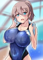 Rule 34 | black one-piece swimsuit, blue eyes, blue one-piece swimsuit, breasts, brown hair, competition school swimsuit, competition swimsuit, covered navel, highleg, highleg swimsuit, highres, indoors, intrepid (kancolle), kantai collection, large breasts, looking at viewer, montemasa, one-piece swimsuit, open mouth, ponytail, pool, rei no pool, school swimsuit, short hair, swimsuit, towel, two-tone swimsuit, wet, wet clothes, wet swimsuit