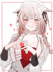 1girl 4-finger_heart_hands :q absurdres animal_ears braid brown_hair cat_ears cat_girl cropped_jacket facial_mark final_fantasy final_fantasy_xiv heart heart_hands highres jacket lace-trimmed_jacket maid_headdress miqo&#039;te moiti110 open_clothes open_jacket pink_eyes red_shirt shirt tongue tongue_out twin_braids whisker_markings white_jacket