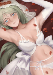 Rule 34 | 1girl, absurdres, alternate costume, armpits, blue eyes, blush, bow, bra, breasts, bridal veil, chinese commentary, cleavage, commentary request, dress, dsp0355, elbow gloves, famas (girls&#039; frontline), flower, garter belt, garter straps, girls&#039; frontline, gloves, green hair, highres, lace-trimmed veil, lace trim, looking at viewer, lying, medium breasts, no pants, no shirt, on back, panties, petals, rose, rose petals, smile, solo, underwear, veil, wedding dress, white bow, white bra, white gloves, white panties