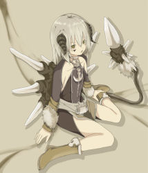 Rule 34 | 1girl, backpack, bag, bare legs, bare shoulders, beige background, black diablos, brown eyes, capcom, from above, full body, fur trim, horns, hugging own legs, looking afar, monster hunter (series), nik ibi, personification, pom pom (clothes), silver hair, simple background, sitting, solo, spikes, wariza