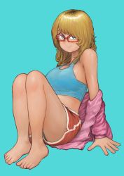 Rule 34 | 1girl, absurdres, bare shoulders, blonde hair, blue background, blue eyes, chanta (ayatakaoisii), closed mouth, crop top, dolphin shorts, glasses, highres, jacket, light frown, looking at viewer, original, red-framed eyewear, red shorts, shorts, simple background, sitting, solo